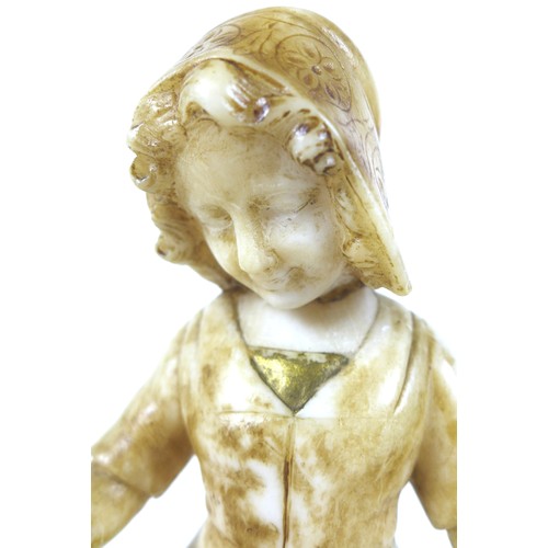 85 - An alabaster sculpture of a young European girl, wearing a bonnet and slightly lifting her skirts, i... 