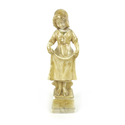 85 - An alabaster sculpture of a young European girl, wearing a bonnet and slightly lifting her skirts, i... 