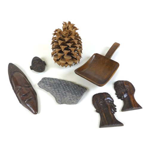 112 - A group of collectables, including a large wooden butter scoop, 35cm long, a large, decorative pine ... 