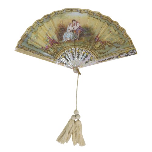 98 - A 19th century hand-painted fan, with a depiction of two young lovers in the countryside, indistinct... 