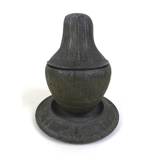 99 - An early 20th century metal Egyptian Revival type canopic jar and cover on stand, with an Imsety to ... 