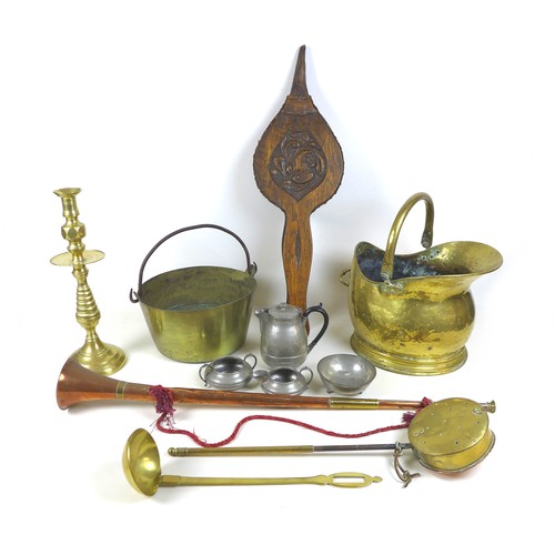 100 - A group of copper and brass, including a pewter tea set, wooden bellows, a brass coaching horn, log ... 