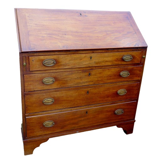 418 - A Georgian mahogany bureau, with fall front revealing fitted interior, over four long drawers, with ... 