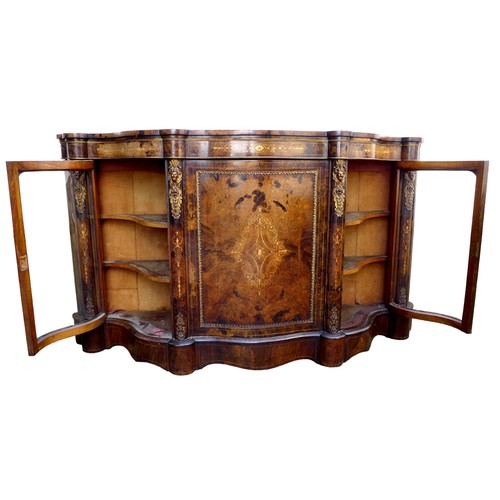 430 - A Victorian walnut veneered serpentine fronted credenza, marquetry inlaid and gilt metal mounted, ce... 