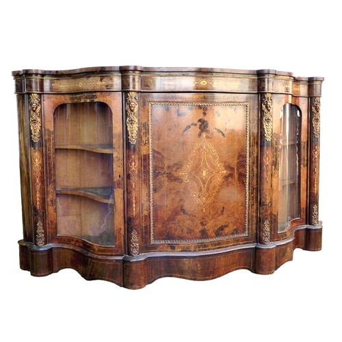 430 - A Victorian walnut veneered serpentine fronted credenza, marquetry inlaid and gilt metal mounted, ce... 