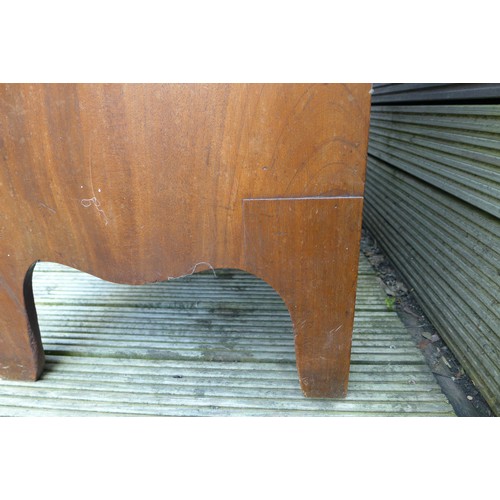 411 - A 19th century bowfront mahogany chest, with two over three drawers, oval brass ring handles, raised... 