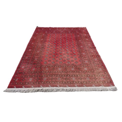 416 - A group of three rugs, comprising a Tekke rug with red ground and eleven offset rows each of twelve ... 