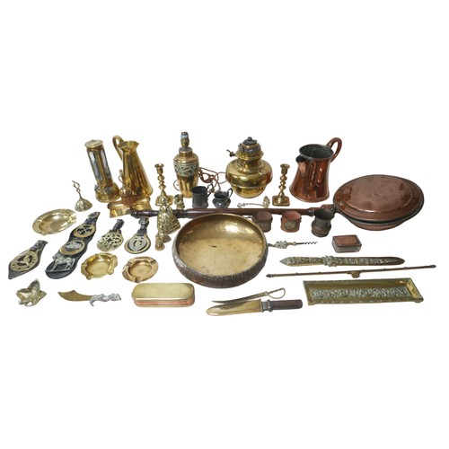 80 - A collection of 19th century and later brass and metal wares, including a 17th century style copper ... 