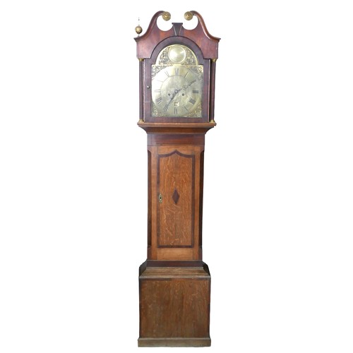 423 - A 18th century oak and mahogany long case clock, by Jonathan Overall of Ramsey, with broken pediment... 