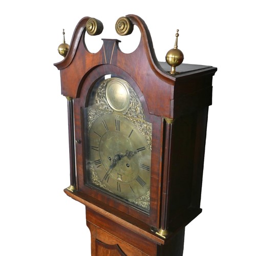 423 - A 18th century oak and mahogany long case clock, by Jonathan Overall of Ramsey, with broken pediment... 