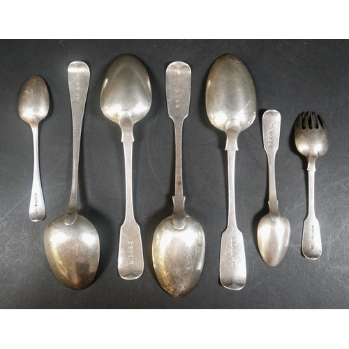 38 - A group of George III and later silver flatware, all with initials finials, including a George III f... 