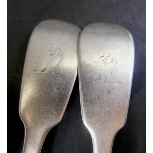 46 - A group of Georgian silver spoons, comprising a pairs of George III old English pattern table spoons... 