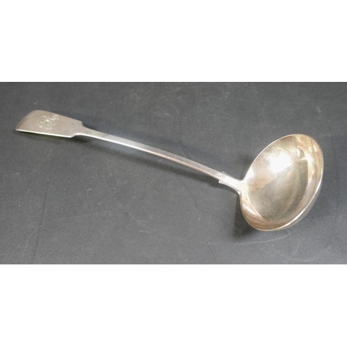 6 - A George III silver ladle, terminal engraved with R initial, Thomas Watson, Newcastle 1792, approxim... 