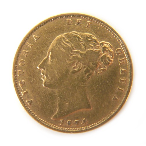 68 - A Victoria Young Head Shield Back gold half sovereign, 1874, die number 16.