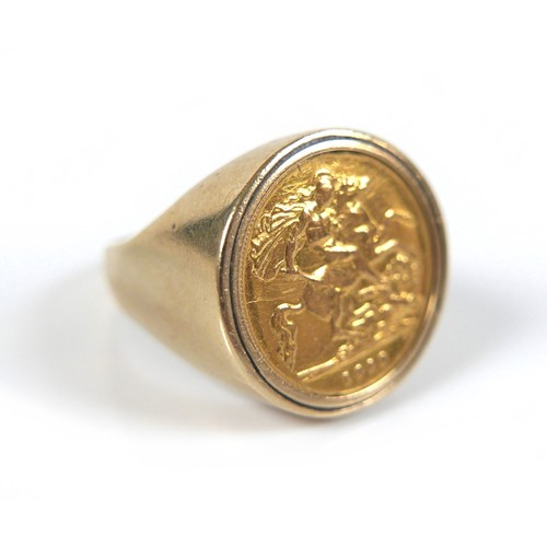 73 - A 9ct gold coin ring, fitted with a George V gold half sovereign, 1913, size X, 11.7g.