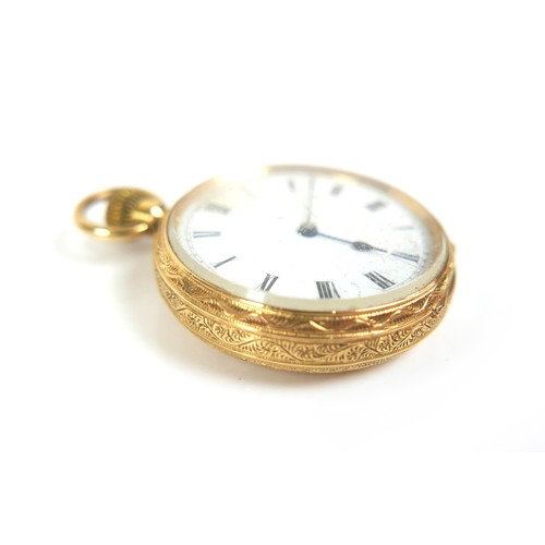 87 - An 18ct gold open faced pocket watch, keyless wind, Roman numeral dial, 35.4g gross, a/f.