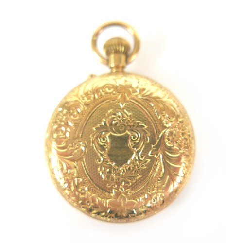 87 - An 18ct gold open faced pocket watch, keyless wind, Roman numeral dial, 35.4g gross, a/f.