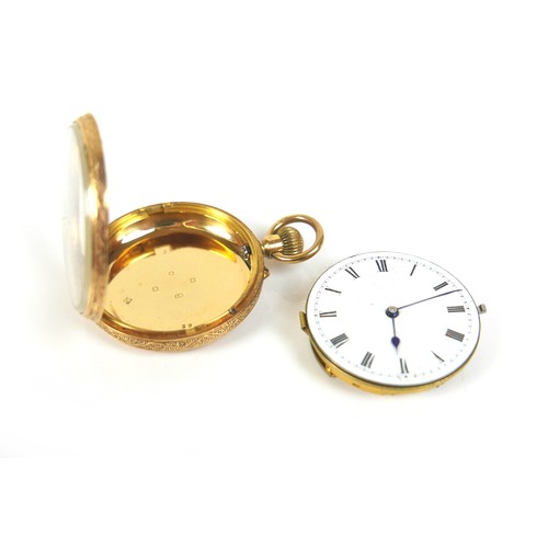 87 - An 18ct gold open faced pocket watch, keyless wind, Roman numeral dial, 35.4g gross, a/f.