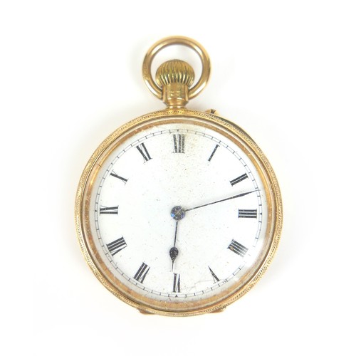 87 - An 18ct gold open faced pocket watch, keyless wind, Roman numeral dial, 35.4g gross, a/f.