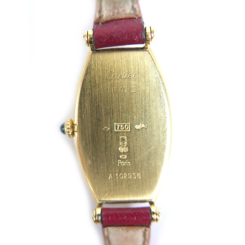 106 - A vintage Cartier 18ct yellow gold cased lady’s Tonneau wristwatch, circa 1986, model No 07 III, ser... 