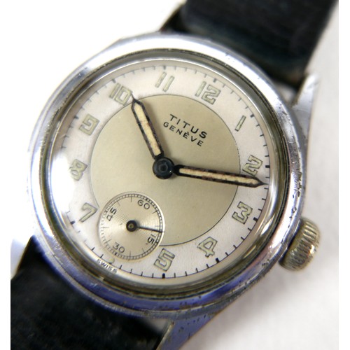 92 - A Titus Geneve chrome plated gentleman's wristwatch, circa 1950, circular two tone dial with luminou... 