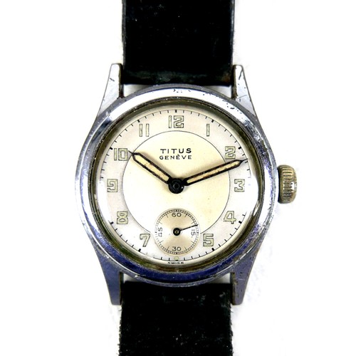 92 - A Titus Geneve chrome plated gentleman's wristwatch, circa 1950, circular two tone dial with luminou... 