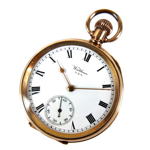 85 - A Waltham open faced gold plated pocket watch, top wind, with Roman numeral dial, subsidiary seconds... 