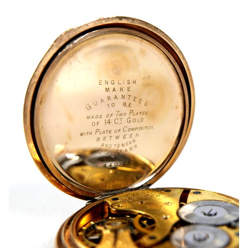 85 - A Waltham open faced gold plated pocket watch, top wind, with Roman numeral dial, subsidiary seconds... 