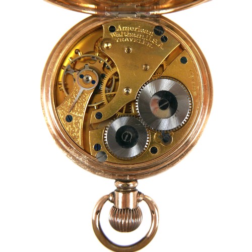 85 - A Waltham open faced gold plated pocket watch, top wind, with Roman numeral dial, subsidiary seconds... 