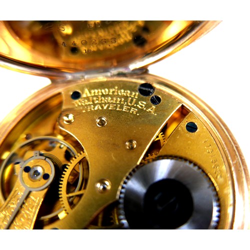 85 - A Waltham open faced gold plated pocket watch, top wind, with Roman numeral dial, subsidiary seconds... 