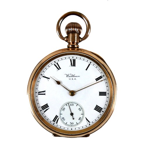 85 - A Waltham open faced gold plated pocket watch, top wind, with Roman numeral dial, subsidiary seconds... 