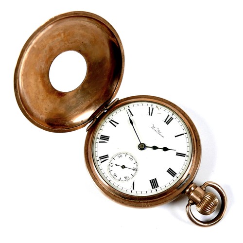 86 - An American Waltham 'Traveler' grade gold plated half hunter pocket watch, circa 1910, keyless wind,... 