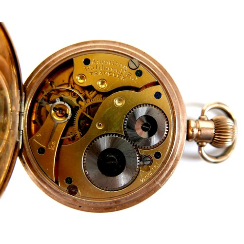 86 - An American Waltham 'Traveler' grade gold plated half hunter pocket watch, circa 1910, keyless wind,... 