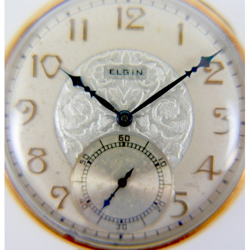 88 - An American Elgin 14K gold cased open faced pocket watch, circa 1927, keyless wind, silvered dial wi... 