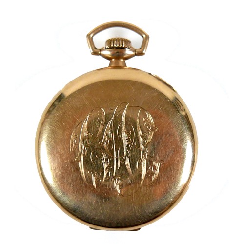 88 - An American Elgin 14K gold cased open faced pocket watch, circa 1927, keyless wind, silvered dial wi... 