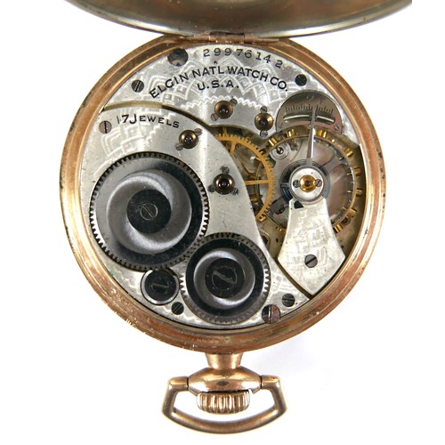 88 - An American Elgin 14K gold cased open faced pocket watch, circa 1927, keyless wind, silvered dial wi... 