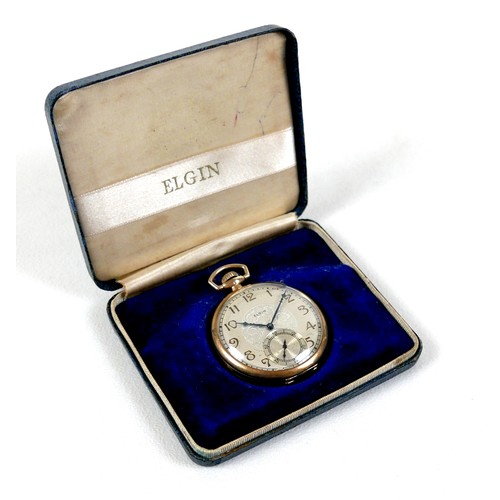 88 - An American Elgin 14K gold cased open faced pocket watch, circa 1927, keyless wind, silvered dial wi... 