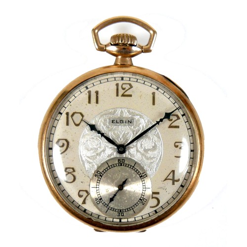 88 - An American Elgin 14K gold cased open faced pocket watch, circa 1927, keyless wind, silvered dial wi... 