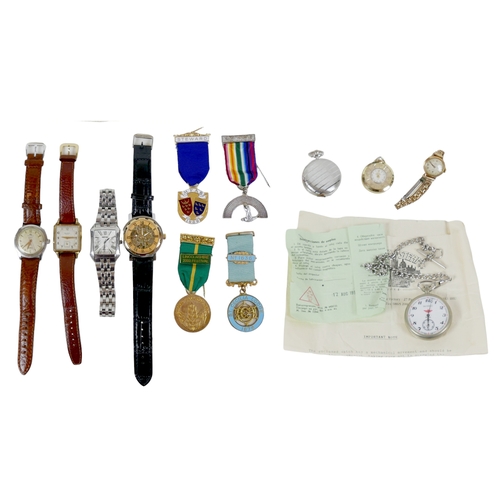 82 - A group of watches, comprising a Russian train pocket watch, case 50mm, with paper documentation, a ... 