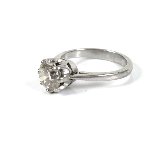 212 - A platinum and diamond solitaire ring, the brilliant cut diamond, 1.6ct, 7.1 by 5.0mm, in eight claw... 