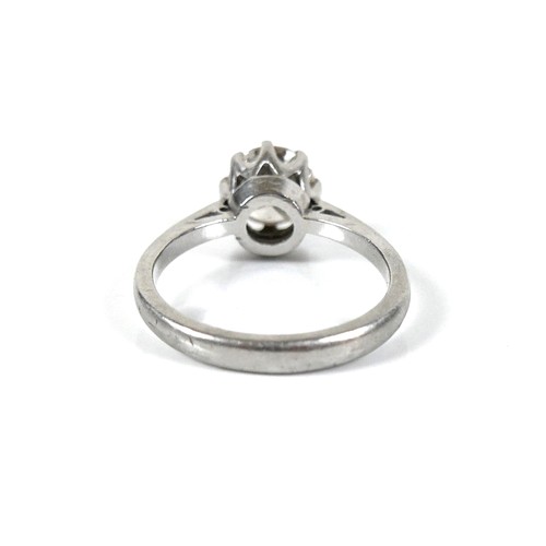 212 - A platinum and diamond solitaire ring, the brilliant cut diamond, 1.6ct, 7.1 by 5.0mm, in eight claw... 