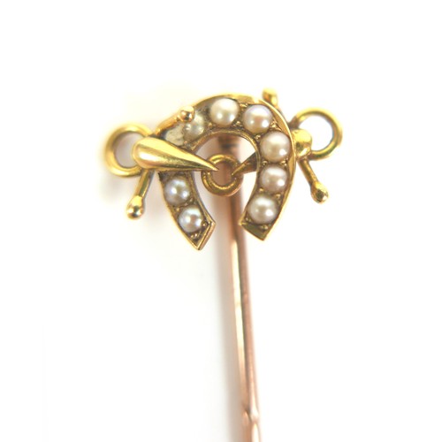 166 - An 18ct gold and seed pearl stick pin, 1.9g, 5.5cm long, together with a group of yellow metal items... 