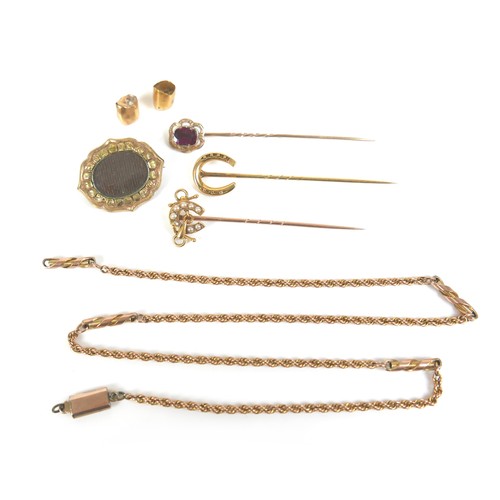 166 - An 18ct gold and seed pearl stick pin, 1.9g, 5.5cm long, together with a group of yellow metal items... 