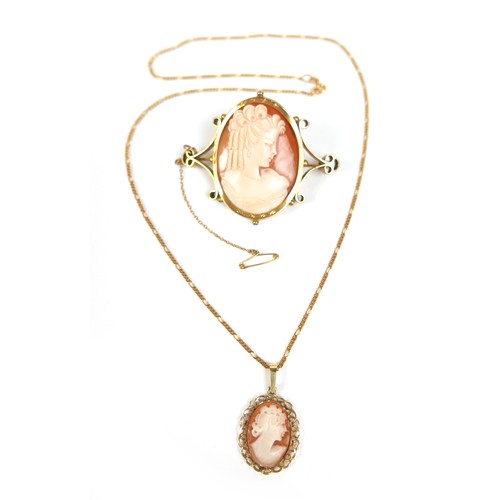 153 - A 9ct gold necklace with 9ct gold cameo pendant, necklace 49cm long, cameo 2 by 2.5cm, 6g gross, tog... 