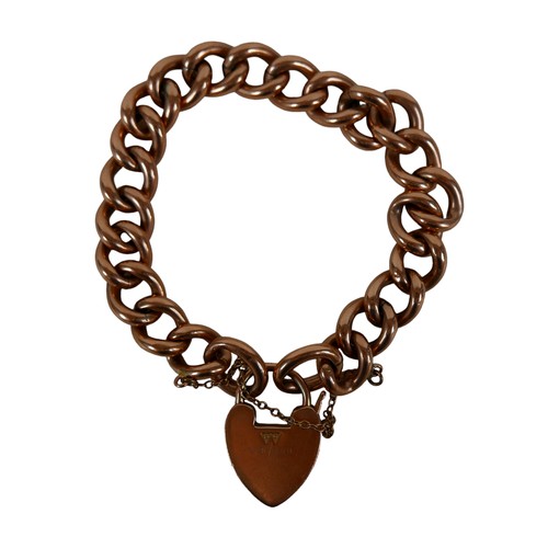 154 - A 9ct rose gold curb link charm bracelet with heart shaped padlock clasp, 20g.