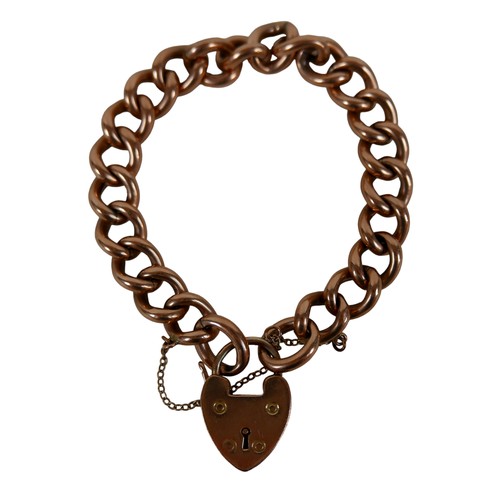 154 - A 9ct rose gold curb link charm bracelet with heart shaped padlock clasp, 20g.