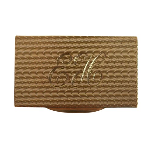 198 - A 9ct gold snuff box, the rectangular hinged box with an engine turned pattern and initials EH to th... 