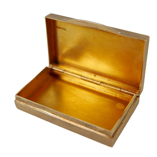 198 - A 9ct gold snuff box, the rectangular hinged box with an engine turned pattern and initials EH to th... 