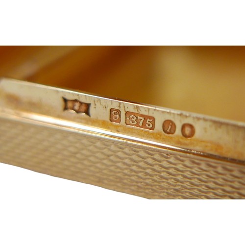 198 - A 9ct gold snuff box, the rectangular hinged box with an engine turned pattern and initials EH to th... 