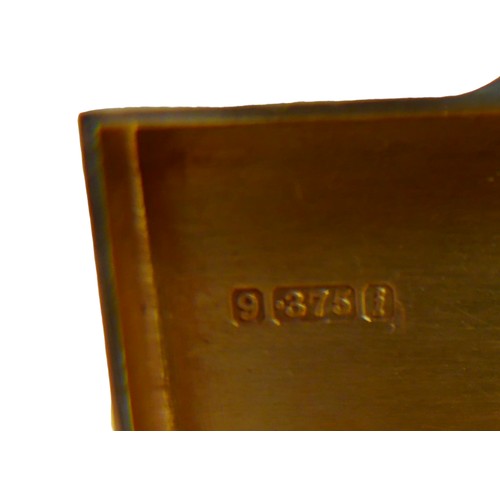 198 - A 9ct gold snuff box, the rectangular hinged box with an engine turned pattern and initials EH to th... 